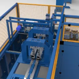 Wizualizacja 3D automatycznej linii produkcyjnej z metalową konstrukcją ochronną w kolorze niebieskim i żółtym.