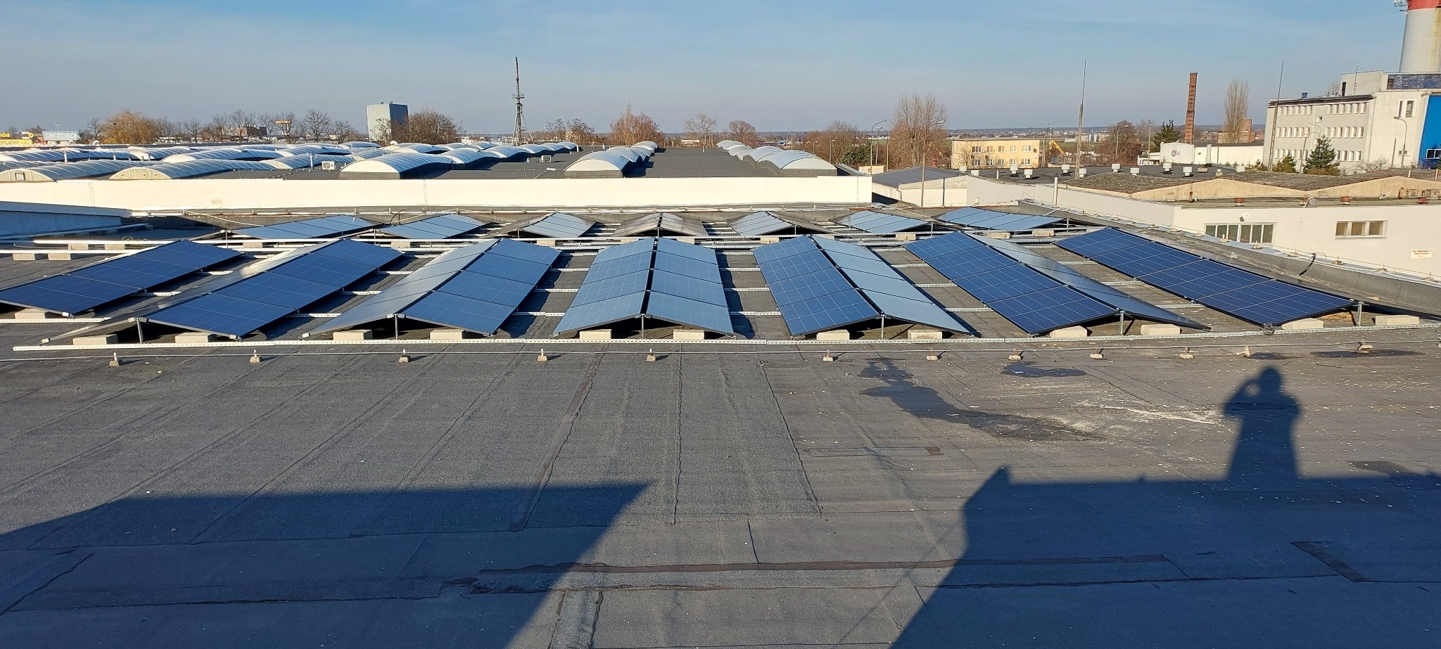 Rząd paneli słonecznych zamontowanych na płaskim, bitumicznym dachu budynku przemysłowego, z widocznym cieniem osoby fotografującej w prawym dolnym rogu i elementami miasta w tle.