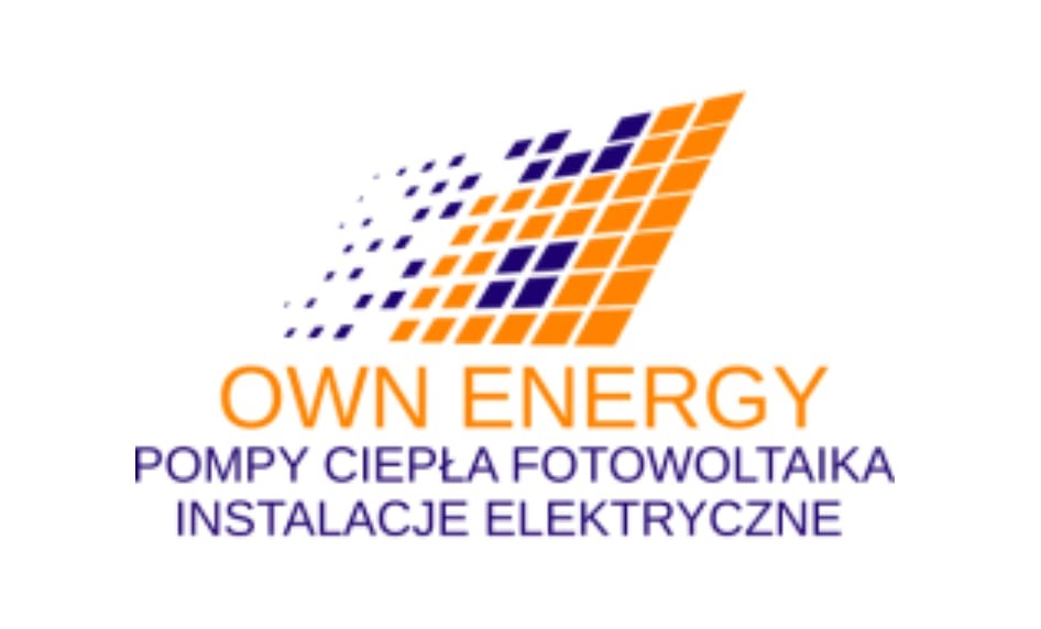 Logo firmy Own Energy z motywem paneli słonecznych w kolorach pomarańczowym i granatowym, oferującej pompy ciepła, fotowoltaikę i instalacje elektryczne.