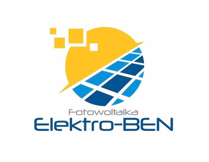 Logo firmy Elektro-BEN z motywem słońca i paneli słonecznych, w kolorach żółtym i niebieskim, z nazwą firmy poniżej.