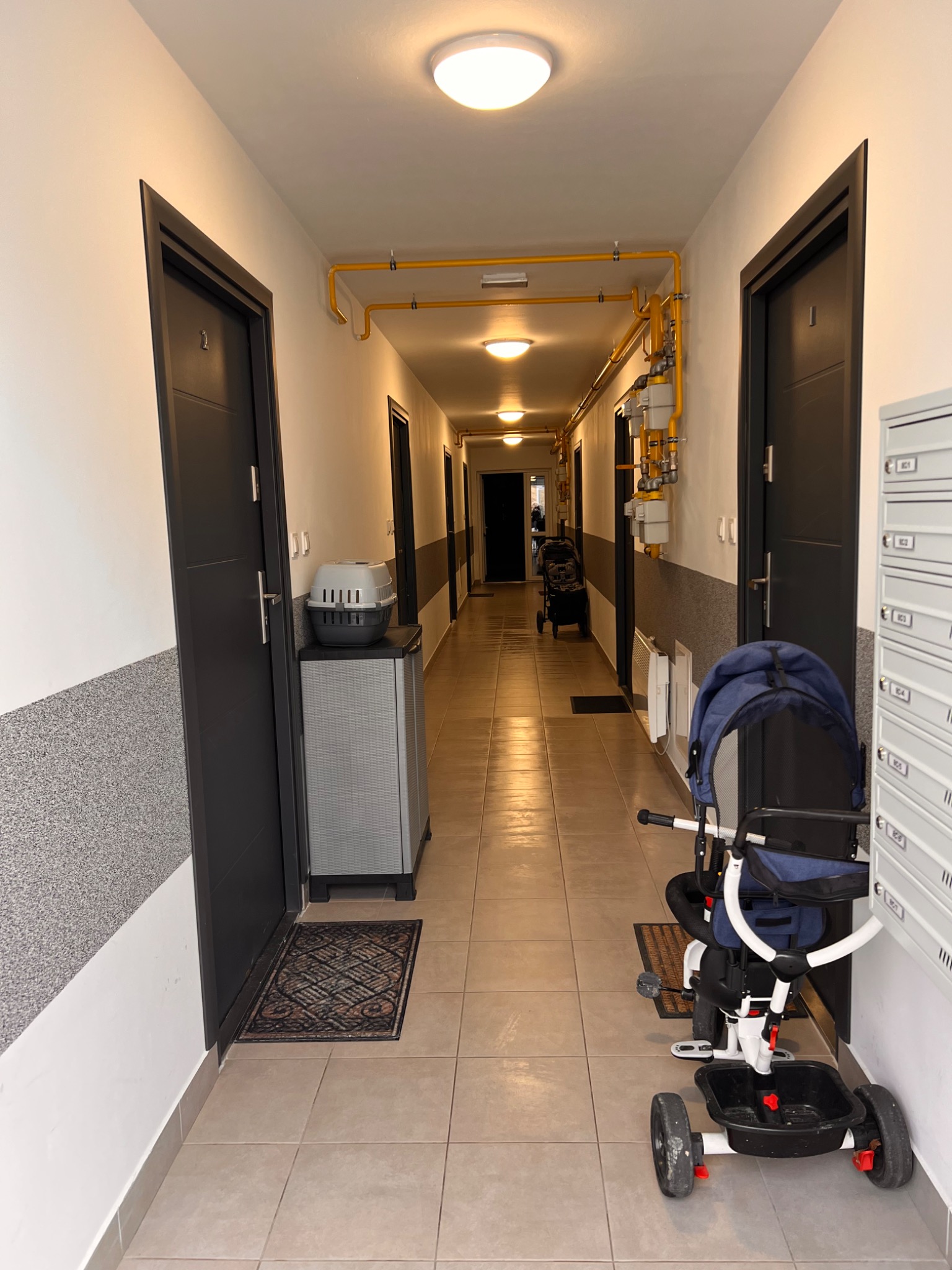 Długi korytarz w budynku mieszkalnym z szarymi drzwiami, skrzynkami pocztowymi, trójkołowym rowerkiem dziecięcym, transporterem dla zwierząt i żółtymi rurami gazowymi pod sufitem.