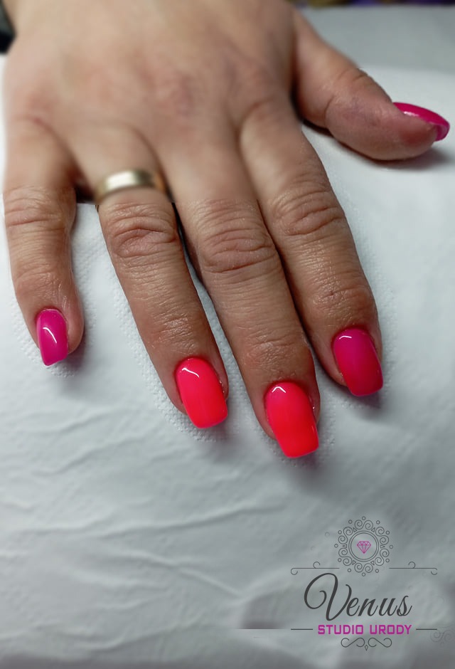 Dłoń z manicure hybrydowym w odcieniach neonowego różu i fuksji, z pierścionkiem na palcu serdecznym, na tle białego podkładu z widocznym logo salonu Venus Studio Urody.
