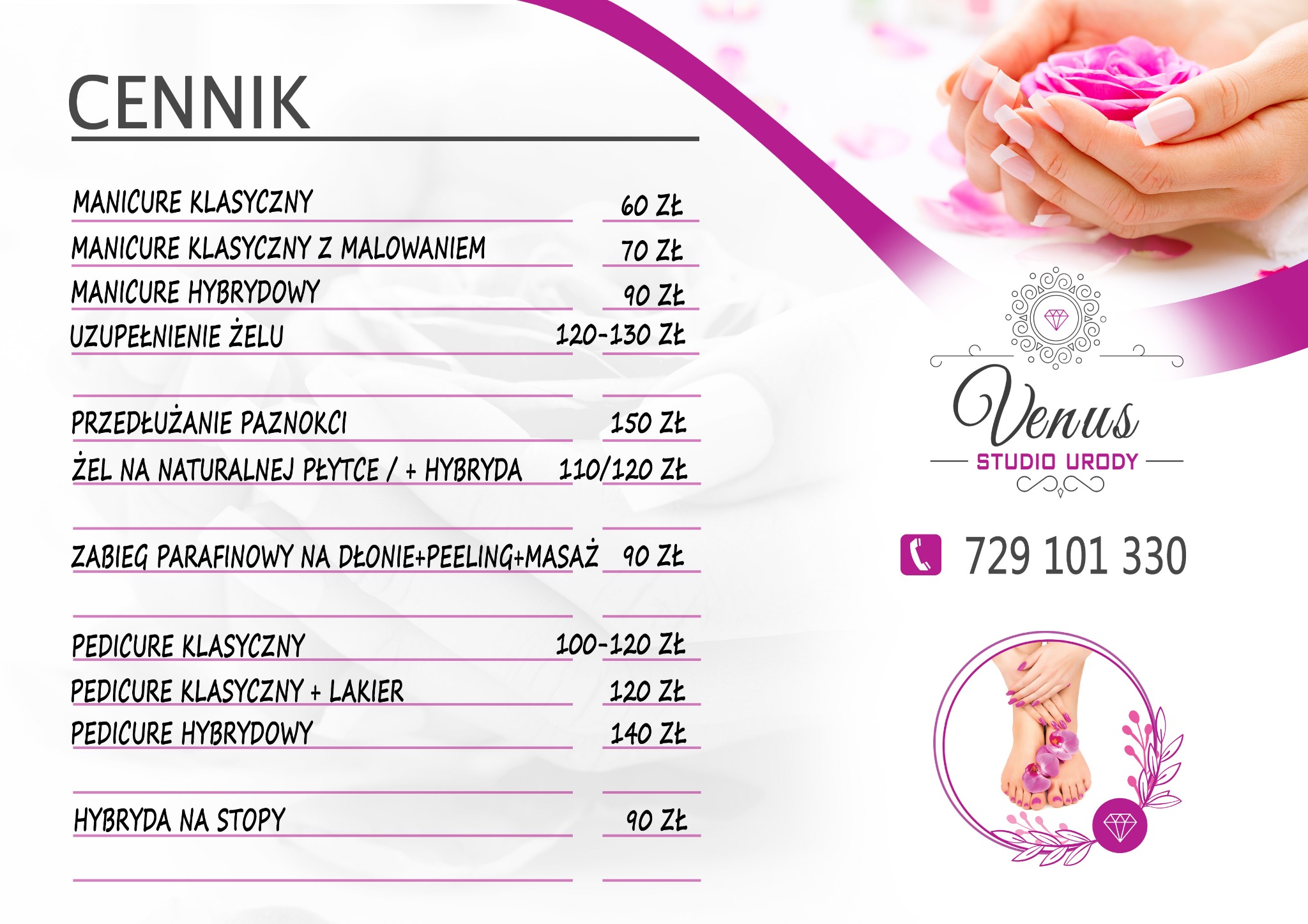 Cennik usług salonu urody Venus, obejmujący manicure klasyczny, hybrydowy, przedłużanie paznokci, pedicure oraz zabiegi na dłonie, z cenami w złotych.
