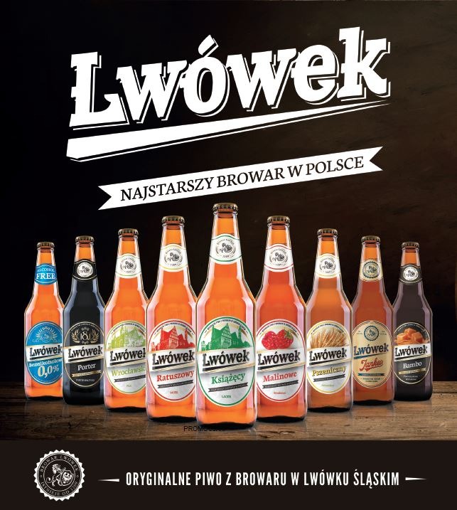 Różne rodzaje piwa Lwówek Śląski w butelkach, od bezalkoholowego po Porter, na tle hasła 'Najstarszy browar w Polsce'.