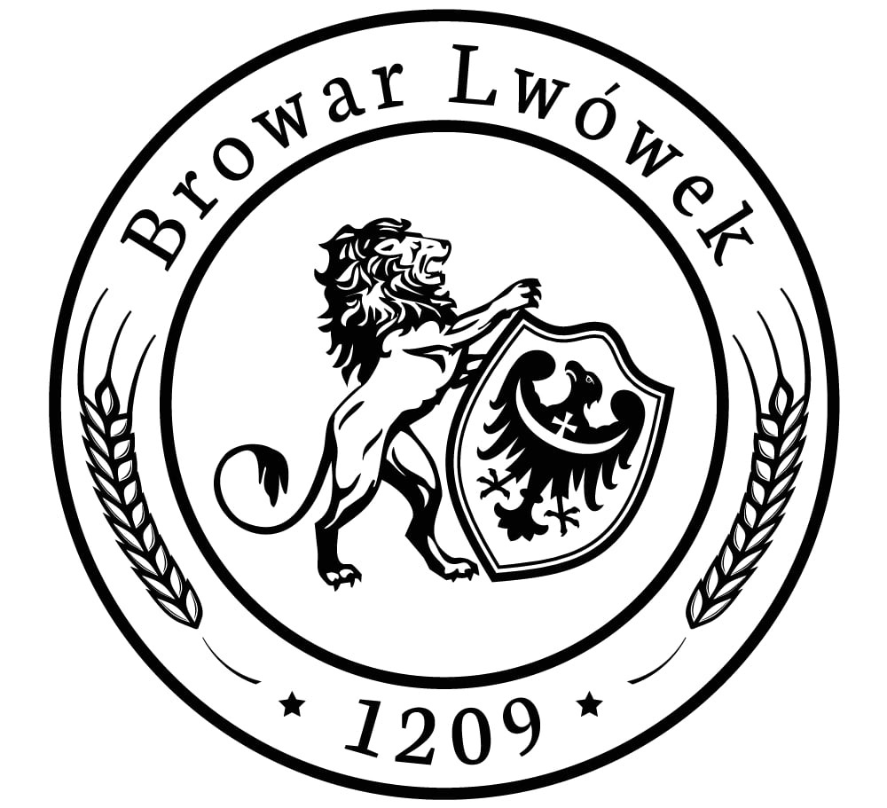 Czarno-białe logo Browaru Lwówek z lwem trzymającym tarczę z orłem, otoczone wieńcem z kłosów i datą 1209.