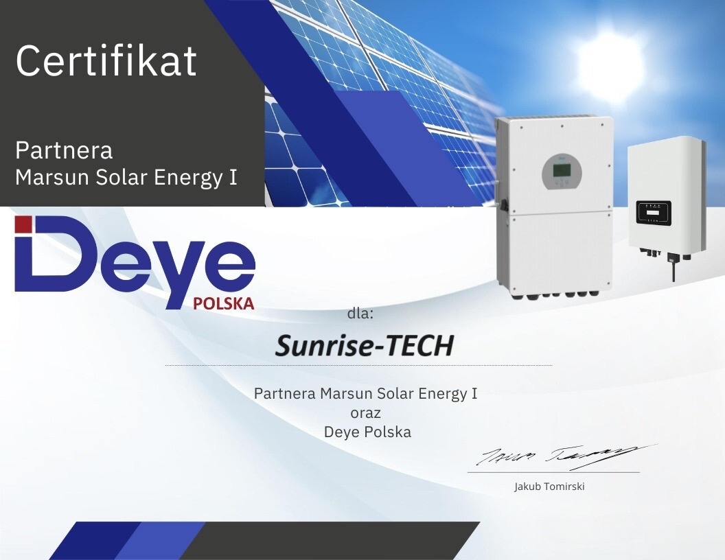 Certyfikat partnerstwa Marsun Solar Energy I dla Sunrise-TECH od Deye Polska, z wizerunkiem paneli słonecznych i falowników.