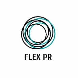 Logo firmy Flex PR: abstrakcyjny symbol z czarnych i turkusowych okręgów, nazwa firmy pod spodem.