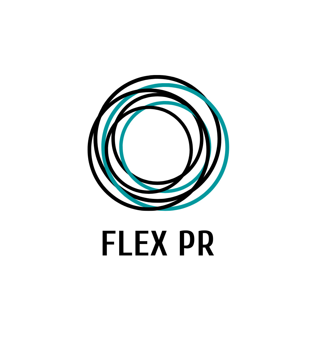 Logo firmy Flex PR: abstrakcyjny symbol z czarnych i turkusowych okręgów, nazwa firmy pod spodem.