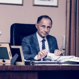 Portret adwokata w biurze: mężczyzna w tweedowej marynarce trzyma okulary na tle biurka z dokumentami, zdjęciami w ramkach i zasłonami.