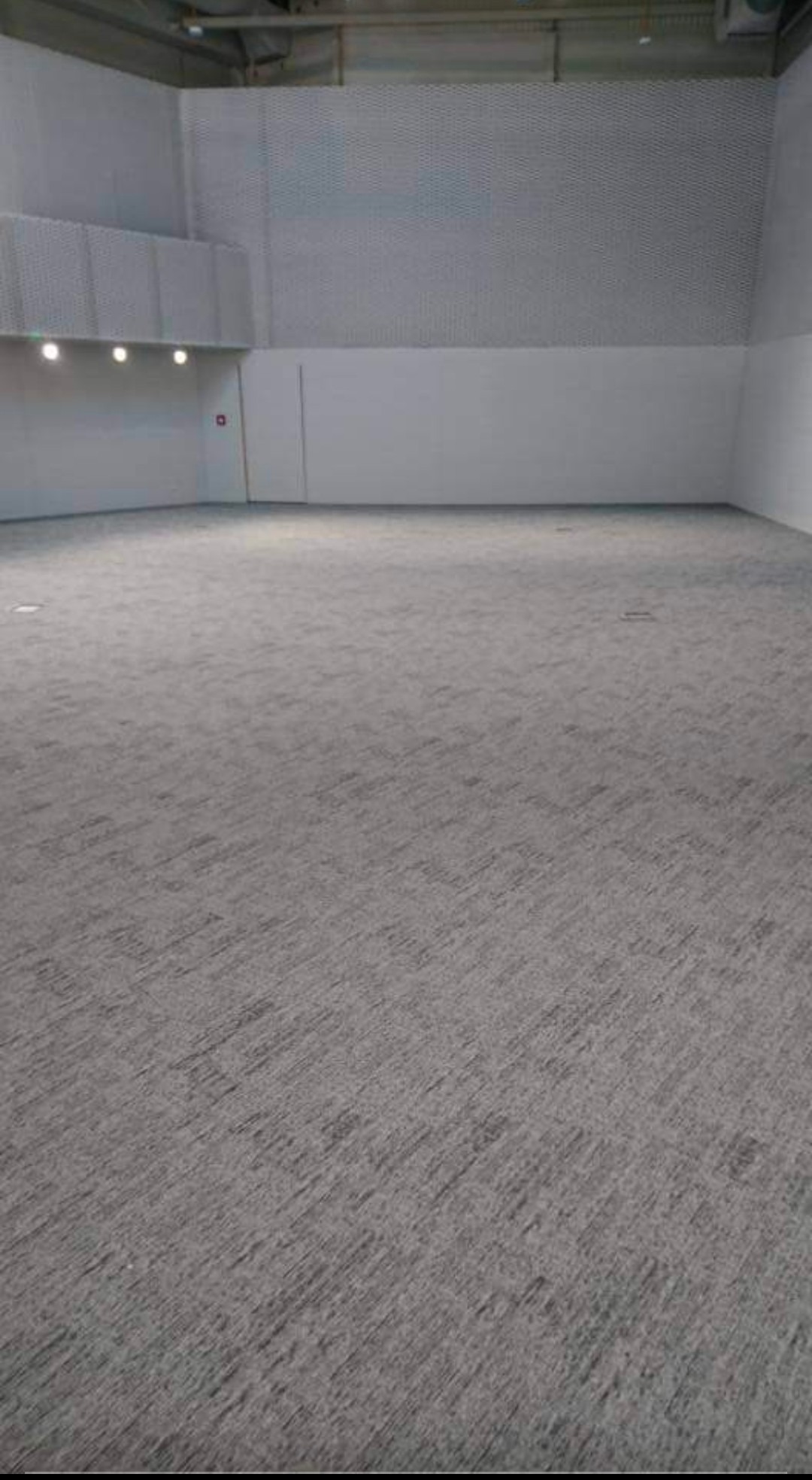 Duża, pusta przestrzeń biurowa z szarą wykładziną dywanową o delikatnym wzorze, białe ściany z perforowaną górną częścią, oświetlenie punktowe pod sufitem, widok z perspektywy podłogi.