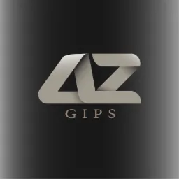 Eleganckie logo firmy z branży budowlanej, przedstawiające stylizowany napis 'GIPS' pod nowoczesnym, geometrycznym symbolem w odcieniach beżu, na ciemnym, gradientowym tle.