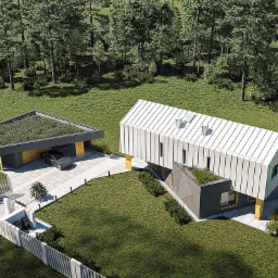 Wizualizacja nowoczesnego domu jednorodzinnego w Krakowie z garażem z zielonym dachem, otoczonego lasem i ogrodzeniem z betonowych elementów.