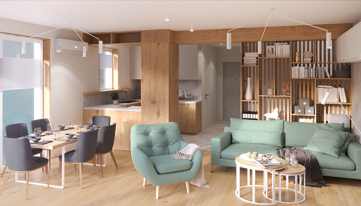 Jasne, przestronne wnętrze mieszkania z drewnianymi elementami, obejmujące jadalnię z nakrytym stołem, otwartą kuchnię i część wypoczynkową z miętową sofą i fotelem.
