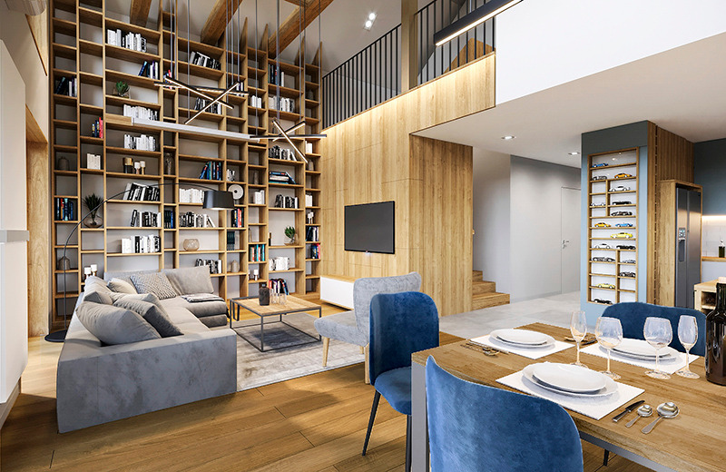 Dwupoziomowe wnętrze z wysoką biblioteką, szarą sofą narożną, drewnianą ścianą z telewizorem, jadalnią z niebieskimi krzesłami i ekspozycją modeli samochodów.