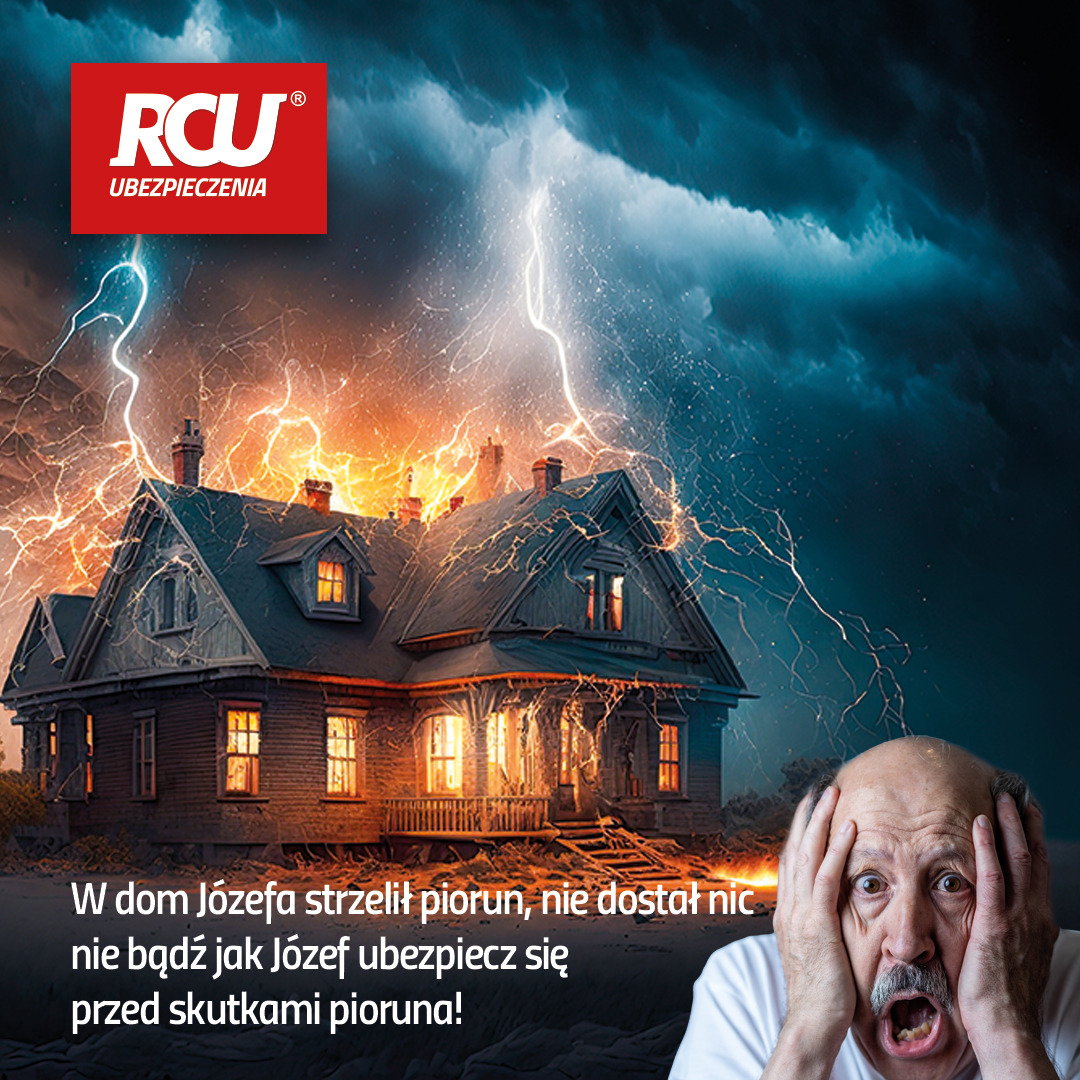 Dom otoczony piorunami, przerażony mężczyzna z otwartymi ustami i rękoma na głowie w prawym dolnym rogu, logo firmy ubezpieczeniowej w lewym górnym rogu.