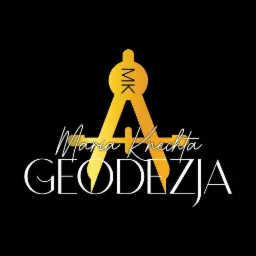 Logo firmy geodezyjnej: złoty cyrkiel z inicjałami MK, poniżej biały napis 'Maria Knechta GEODEZJA' na czarnym tle.