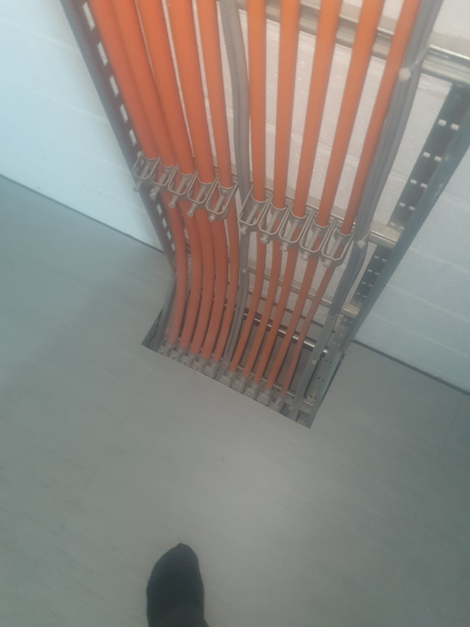 Pomarańczowe i szare przewody ułożone równolegle w metalowej korycie kablowej, widok z góry, fragment stopy w skarpetce w rogu kadru.
