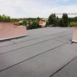 Płaski dach pokryty papą termozgrzewalną z dwoma kominami w kolorze różowym, widok na okoliczne budynki i zieleń w tle.