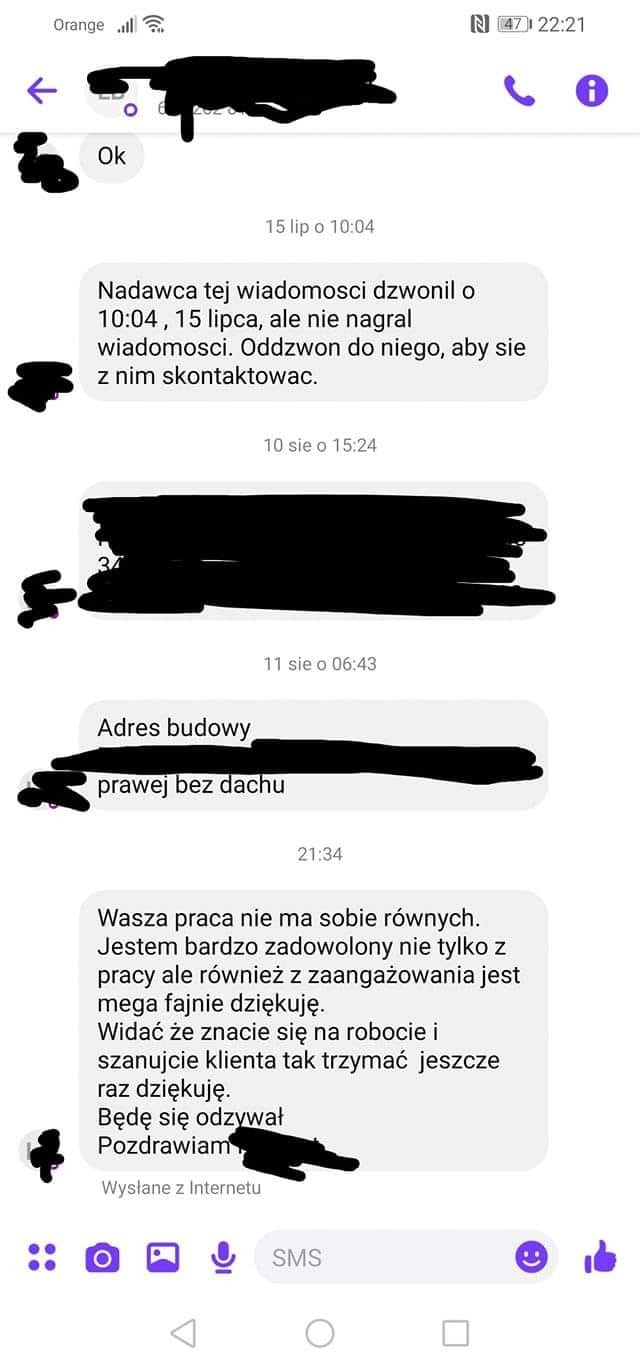 Zrzut ekranu wiadomości SMS z pozytywną opinią klienta o wykonanej pracy, wspomina adres budowy 'prawej bez dachu' oraz wyraża zadowolenie z zaangażowania i profesjonalizmu.