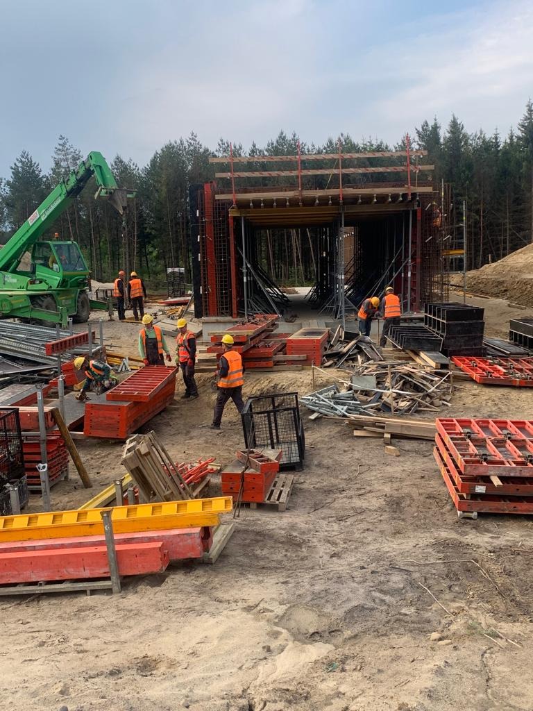 Budowa żelbetowego tunelu: pracownicy w pomarańczowych kamizelkach i żółtych kaskach przy szalunkach i zbrojeniach, zielona ładowarka teleskopowa w tle.