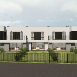 Wizualizacja szeregu nowoczesnych, dwukondygnacyjnych budynków mieszkalnych z płaskimi dachami, czarnymi akcentami okiennymi i balkonami, otoczonych zielonym trawnikiem i czarnym metalowym...