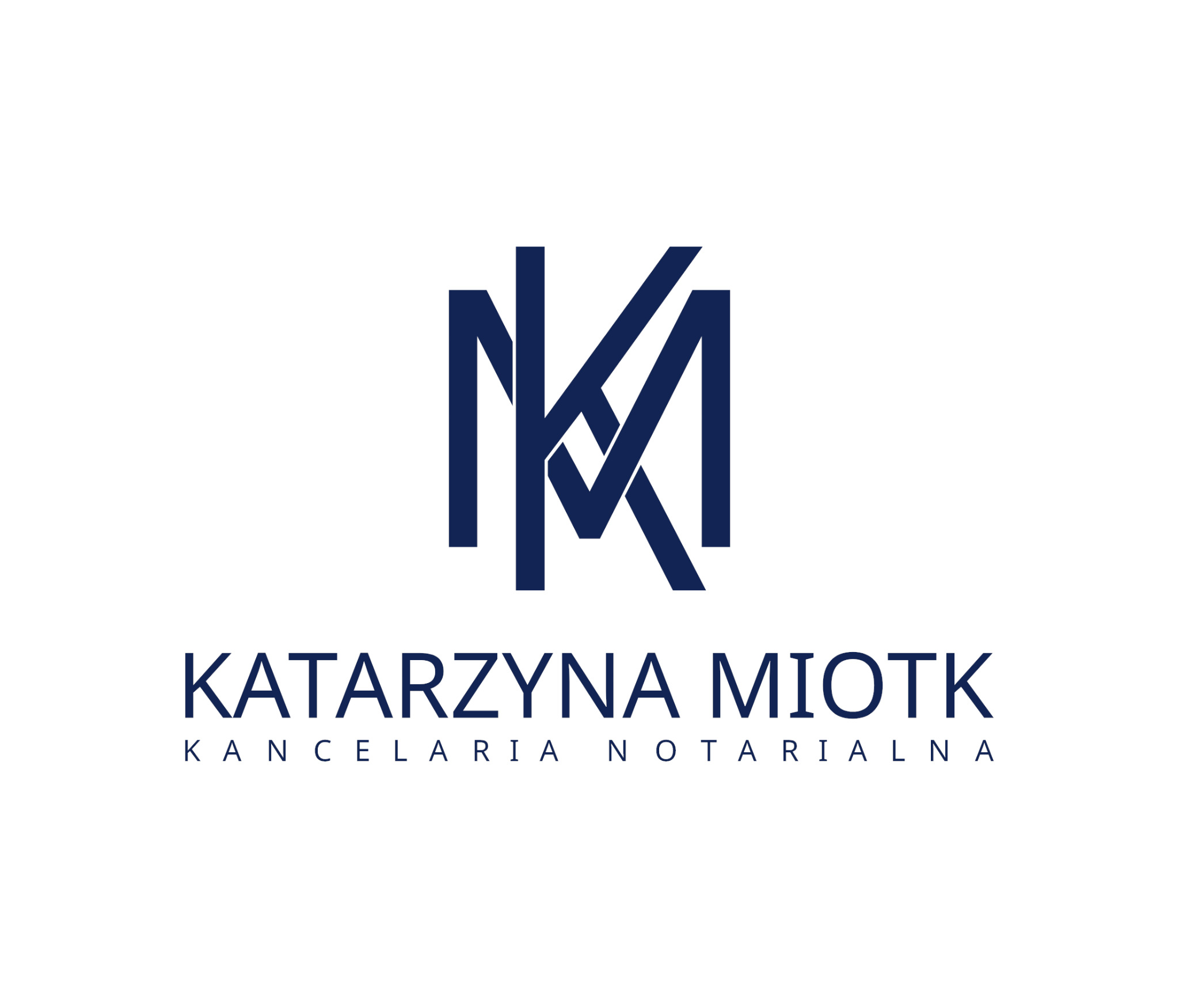 Logo Kancelarii Notarialnej Katarzyny Miotk, granatowe litery KM splecione w monogram, poniżej imię i nazwisko oraz napis 'Kancelaria Notarialna'.