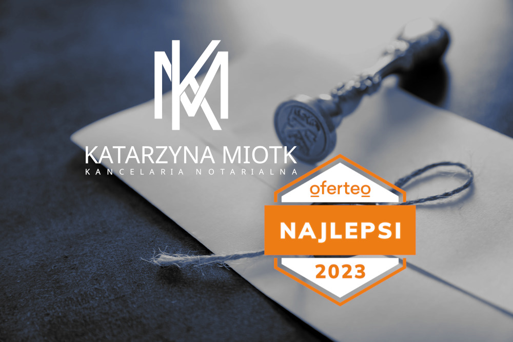 Eleganckie zdjęcie prezentujące logo kancelarii notarialnej Katarzyna Miotk, pieczęć lakowa na zamkniętej kopercie oraz nagrodę Oferteo Najlepsi 2023.