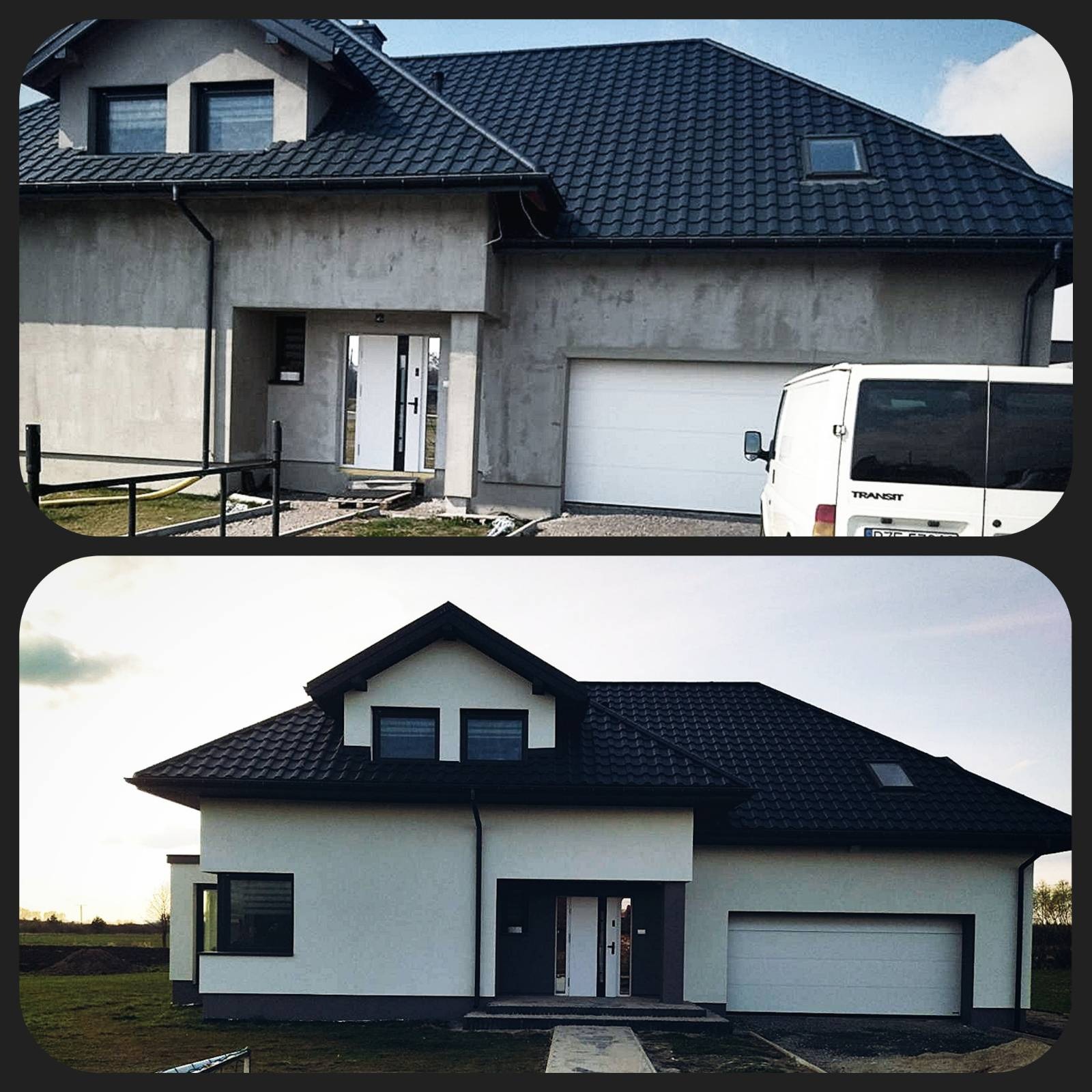 Porównanie elewacji domu przed i po malowaniu: surowy, szary tynk kontra biała, wykończona fasada z ciemnymi akcentami, uwzględniające dachówkę i otoczenie.