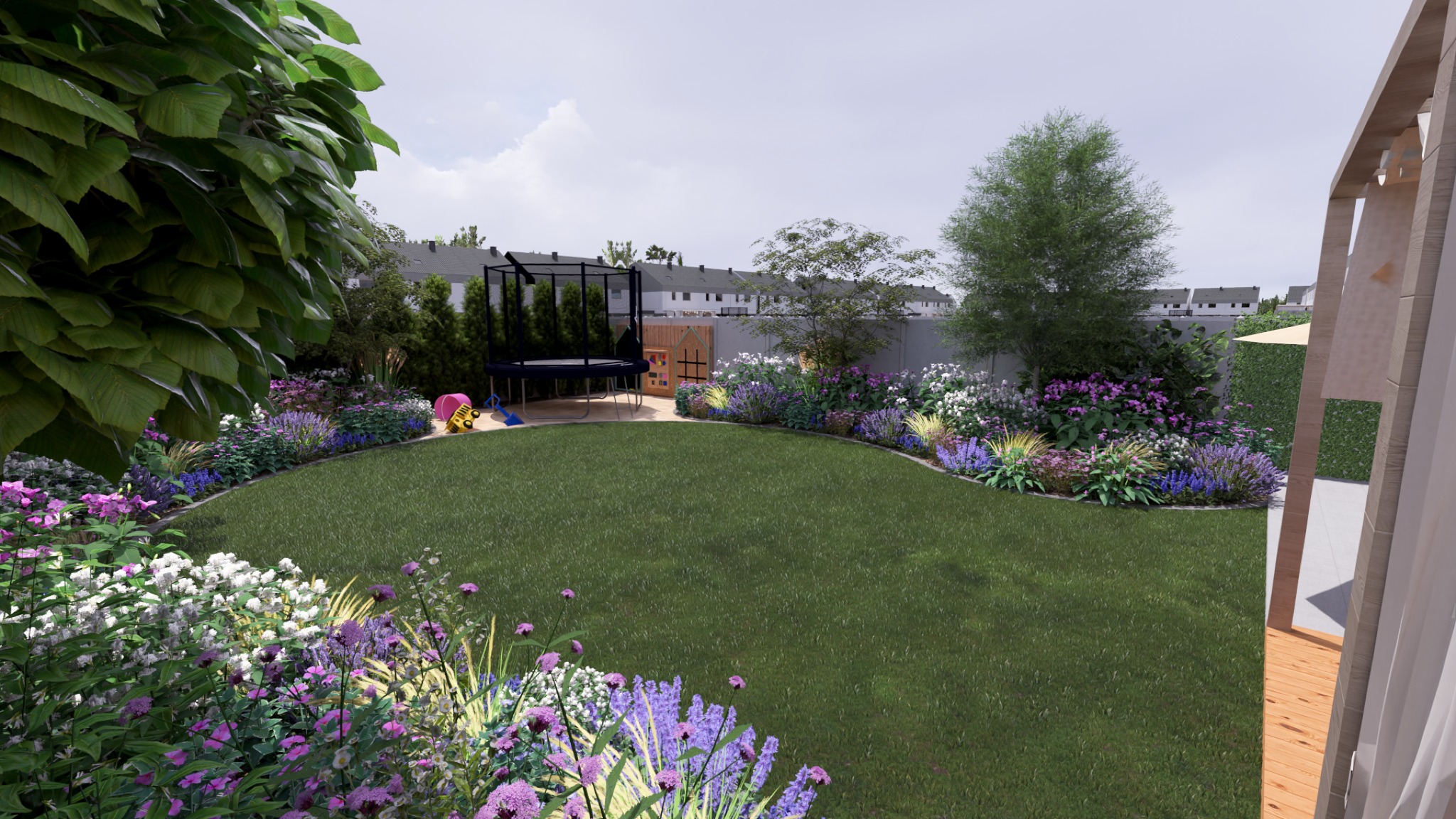 Wizualizacja ogrodu z trawnikiem, rabatami kwiatowymi w odcieniach fioletu i bieli, trampoliną dla dzieci i domkiem zabaw w tle.