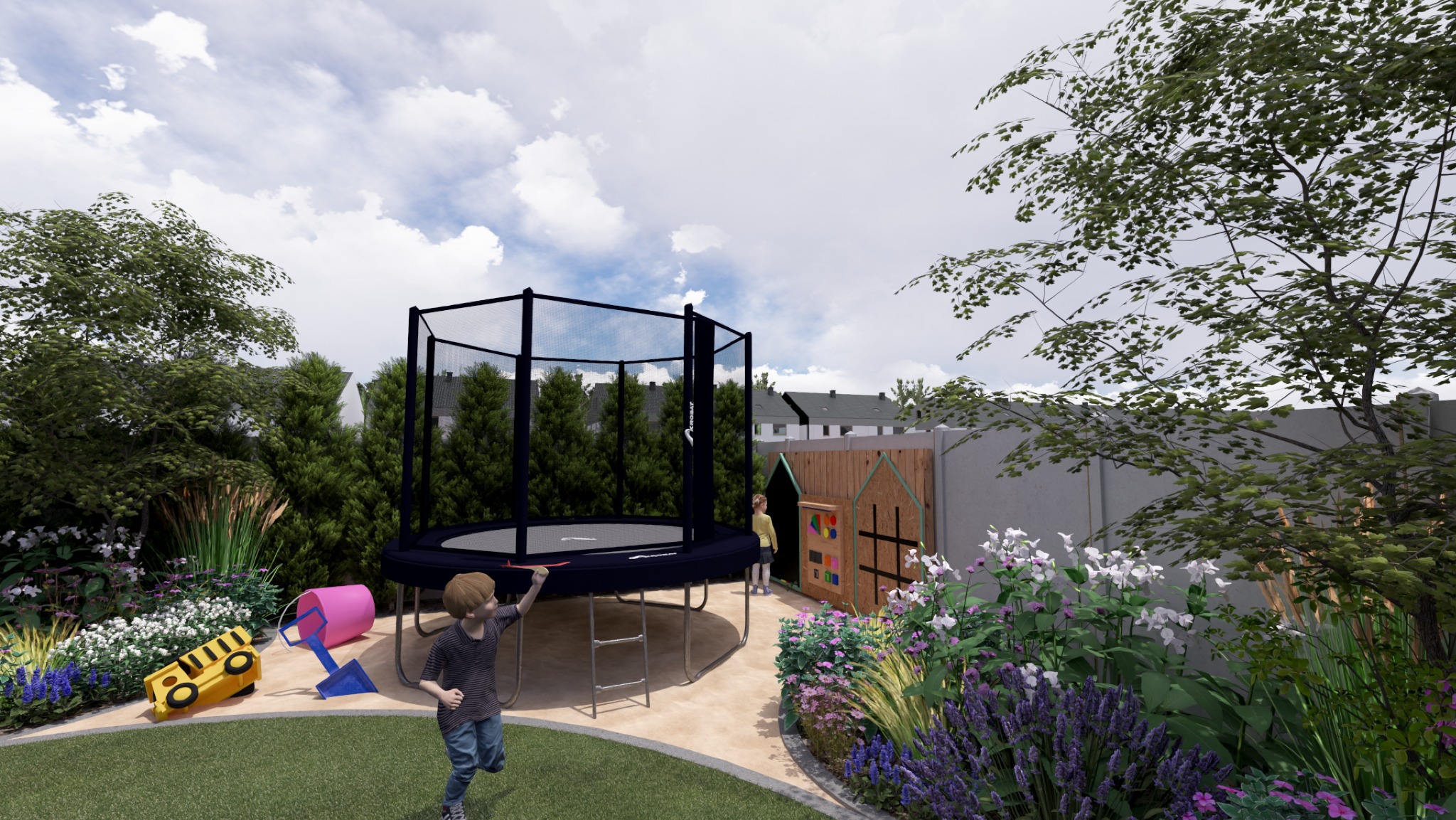 Wizualizacja ogrodu z trampoliną, domkiem zabaw i rabatami kwiatowymi, chłopiec biegnie po trawniku, w tle widoczny betonowy płot i zabudowa mieszkalna.