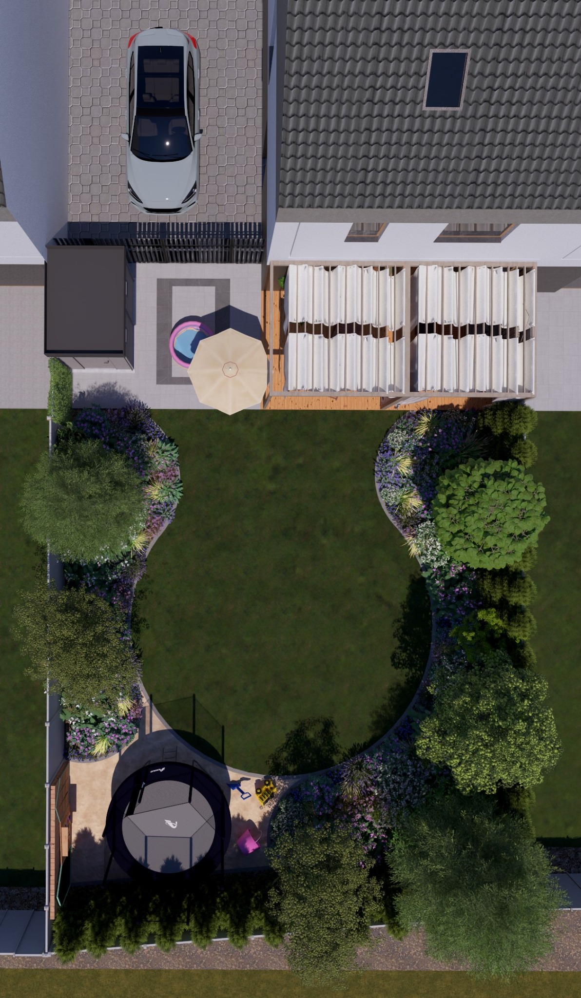 Widok z góry na wizualizację zagospodarowania ogrodu z trawnikiem w kształcie nerki, obrzeżami z roślin, trampoliną i miejscem do siedzenia z parasolem.