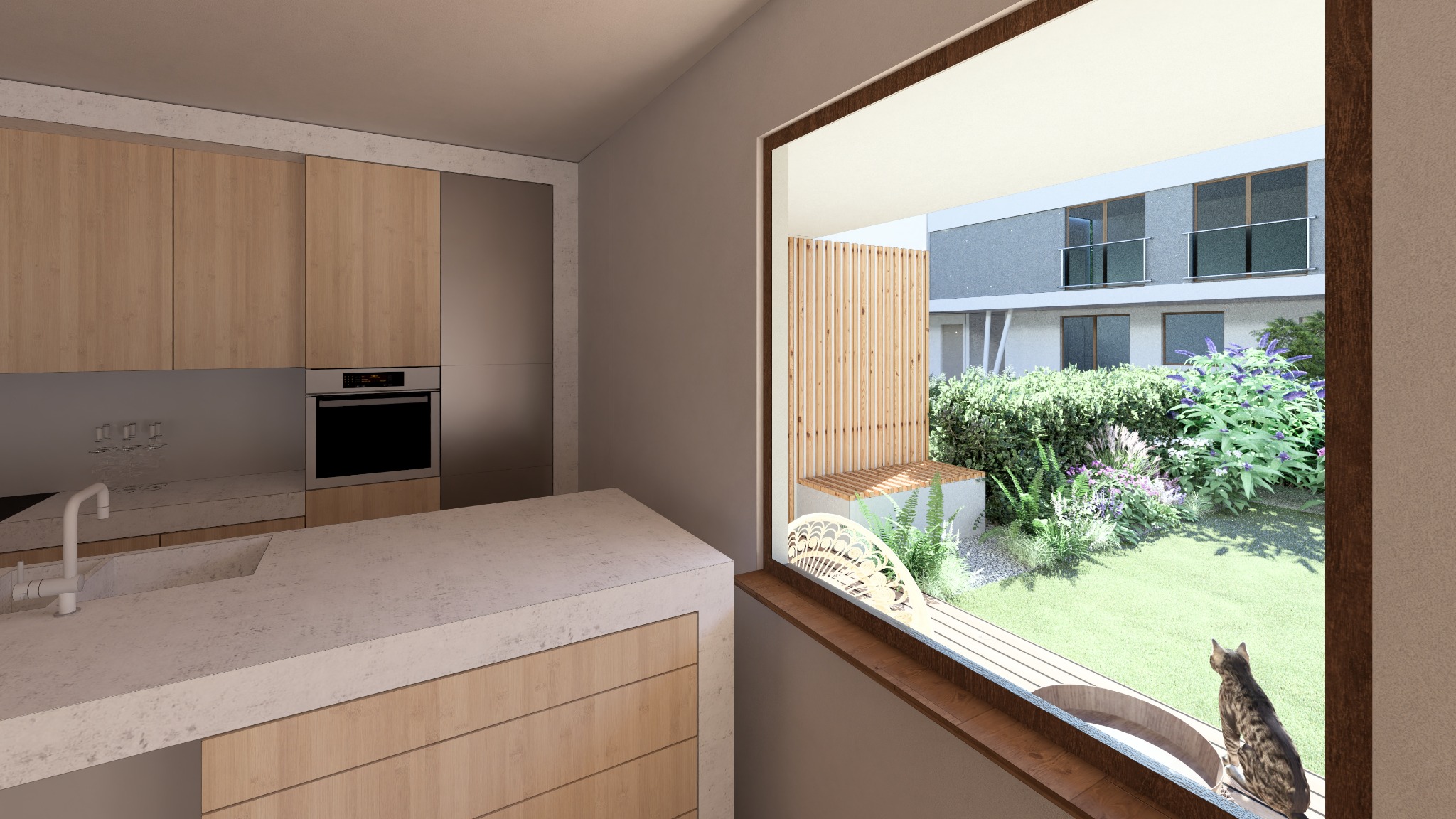 Wnętrze kuchni z widokiem na ogród przez okno z siedziskiem i drewnianą przesłoną, kot siedzi na parapecie.