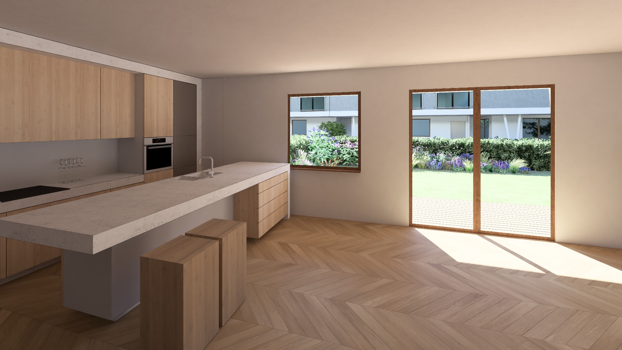 Wnętrze jasnej kuchni z widokiem na ogród przez duże okno i drzwi balkonowe, parkiet ułożony w jodełkę, minimalistyczne meble kuchenne z drewnianymi frontami.