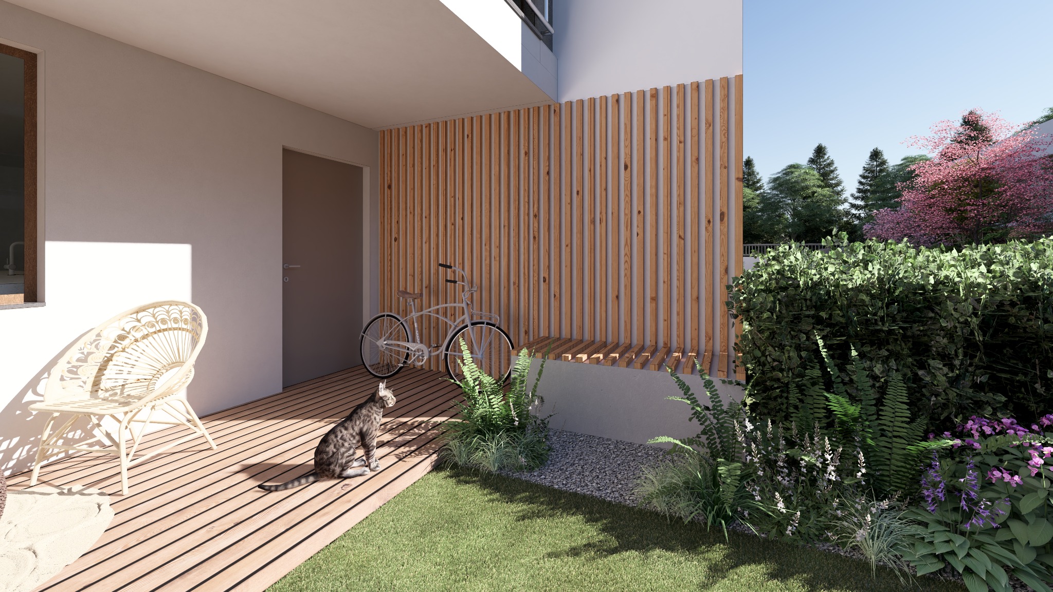 Wizualizacja tarasu z drewnianą podłogą i rattanowym krzesłem, kot siedzący na podłodze, rower oparty o drewnianą ścianę, zielony trawnik i bujna roślinność w tle.