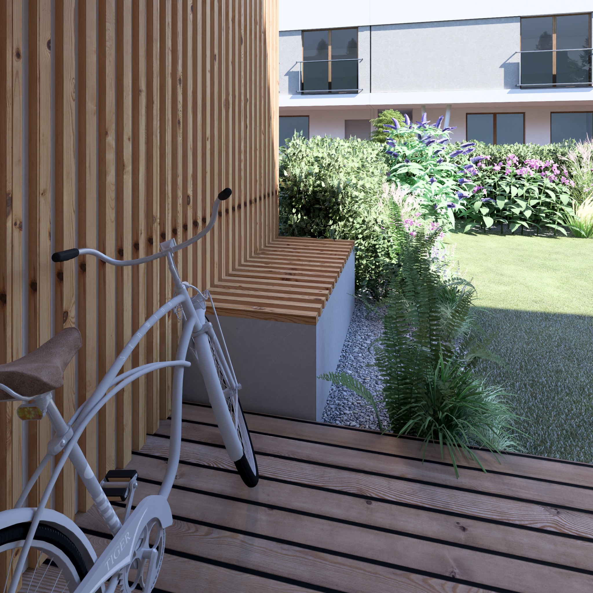 Wizualizacja ogrodu z drewnianą ławką, rowerem retro i roślinnością ozdobną na tle nowoczesnego budynku.