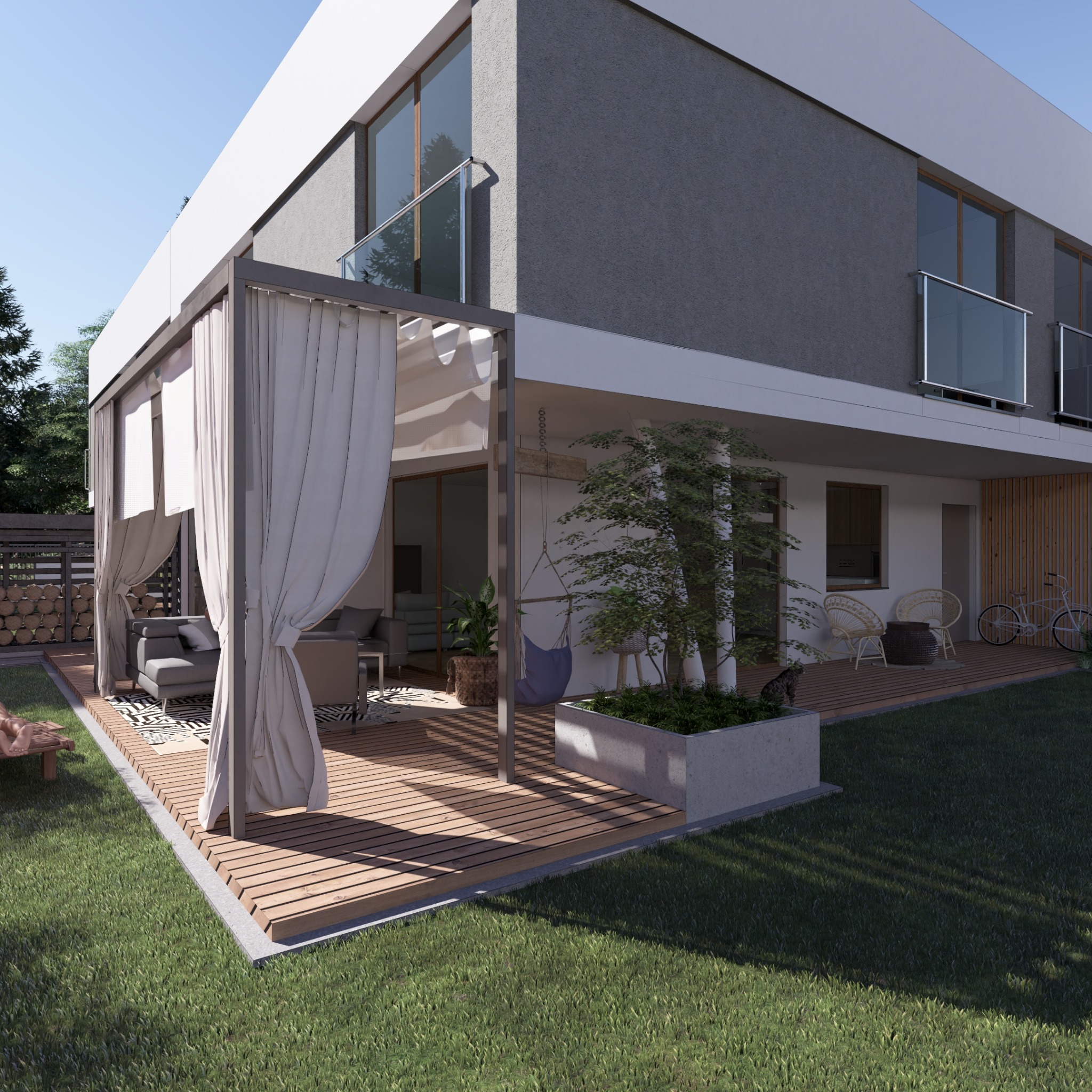 Nowoczesny ogród przydomowy z drewnianym tarasem, pergolą z białymi zasłonami, meblami ogrodowymi, roślinami w betonowych donicach i widocznym kotem siedzącym obok jednej z donic.