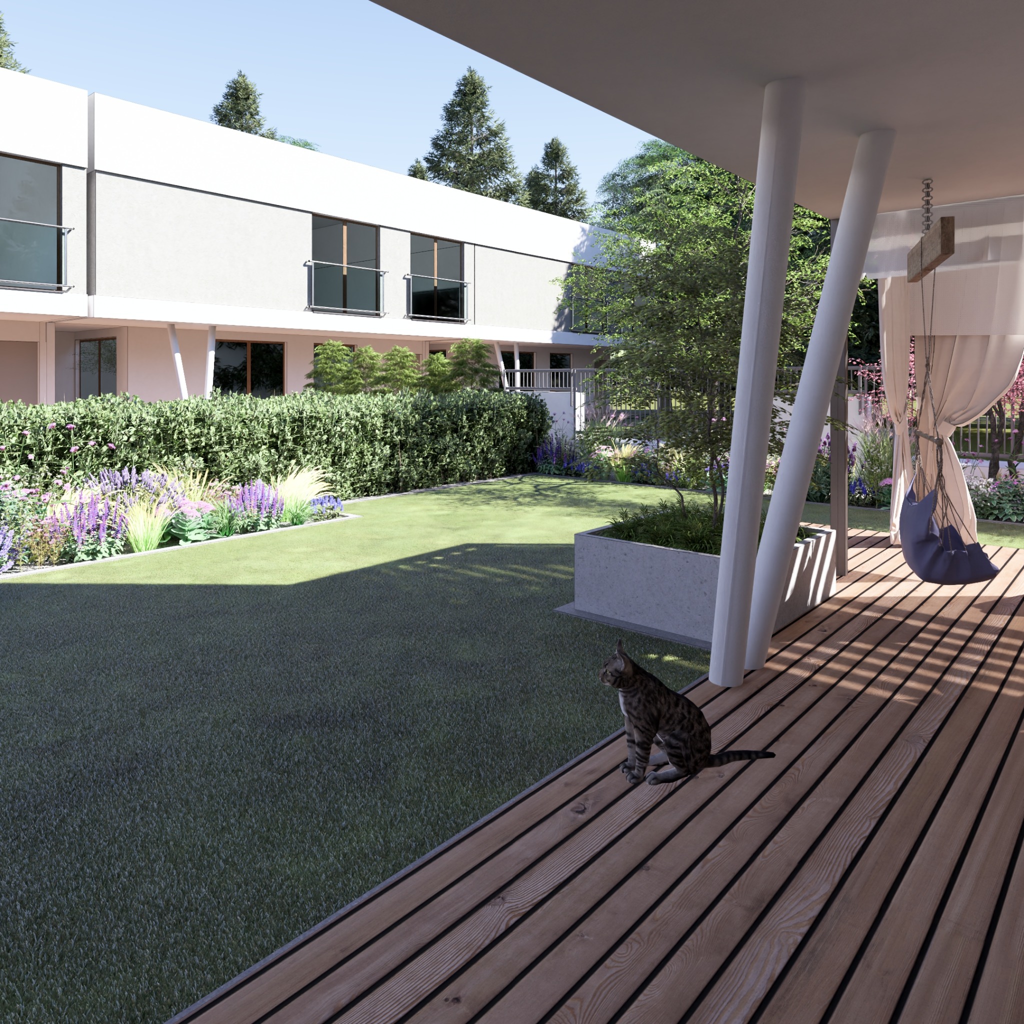 Nowoczesny ogród z równo przystrzyżonym trawnikiem, rabatami kwiatowymi i minimalistyczną architekturą domu w tle, oraz kot siedzący na drewnianym tarasie z wiszącym fotelem.