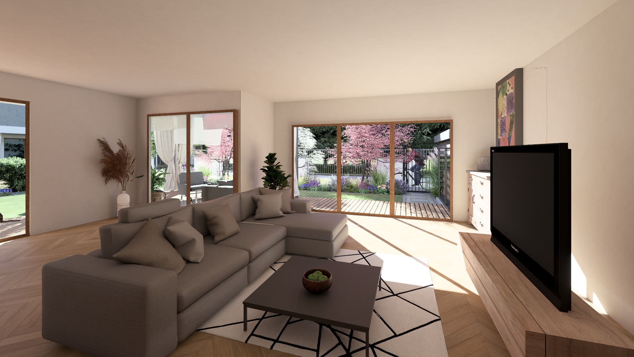 Wnętrze salonu z widokiem na ogród przez duże okna przesuwne, z kwitnącymi drzewami wiśni i zadbanym trawnikiem.