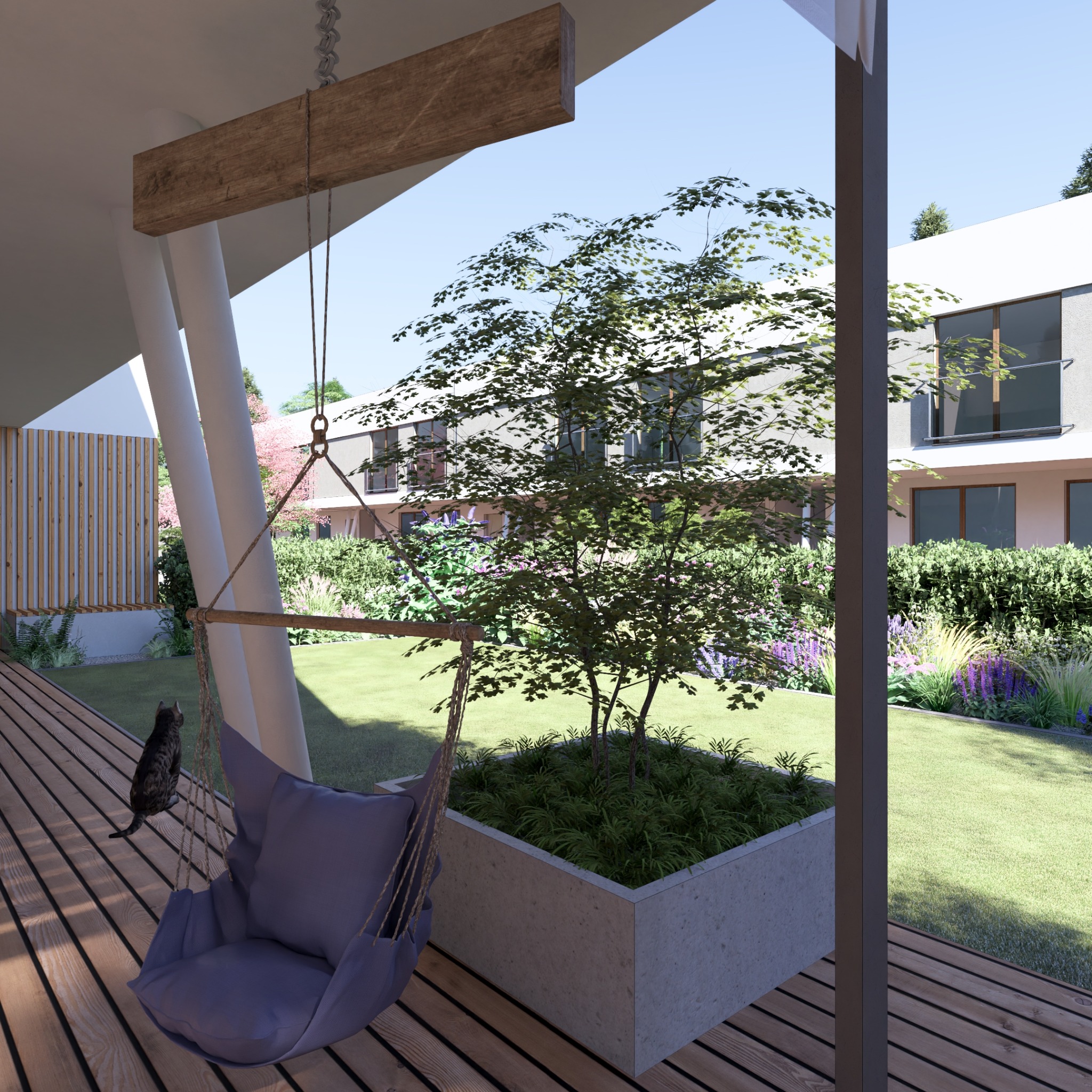 Wizualizacja tarasu z drewnianą podłogą, wiszącym fotelem i widokiem na ogród z drzewem w betonowej donicy oraz budynki mieszkalne w tle. Na tarasie siedzi kot.