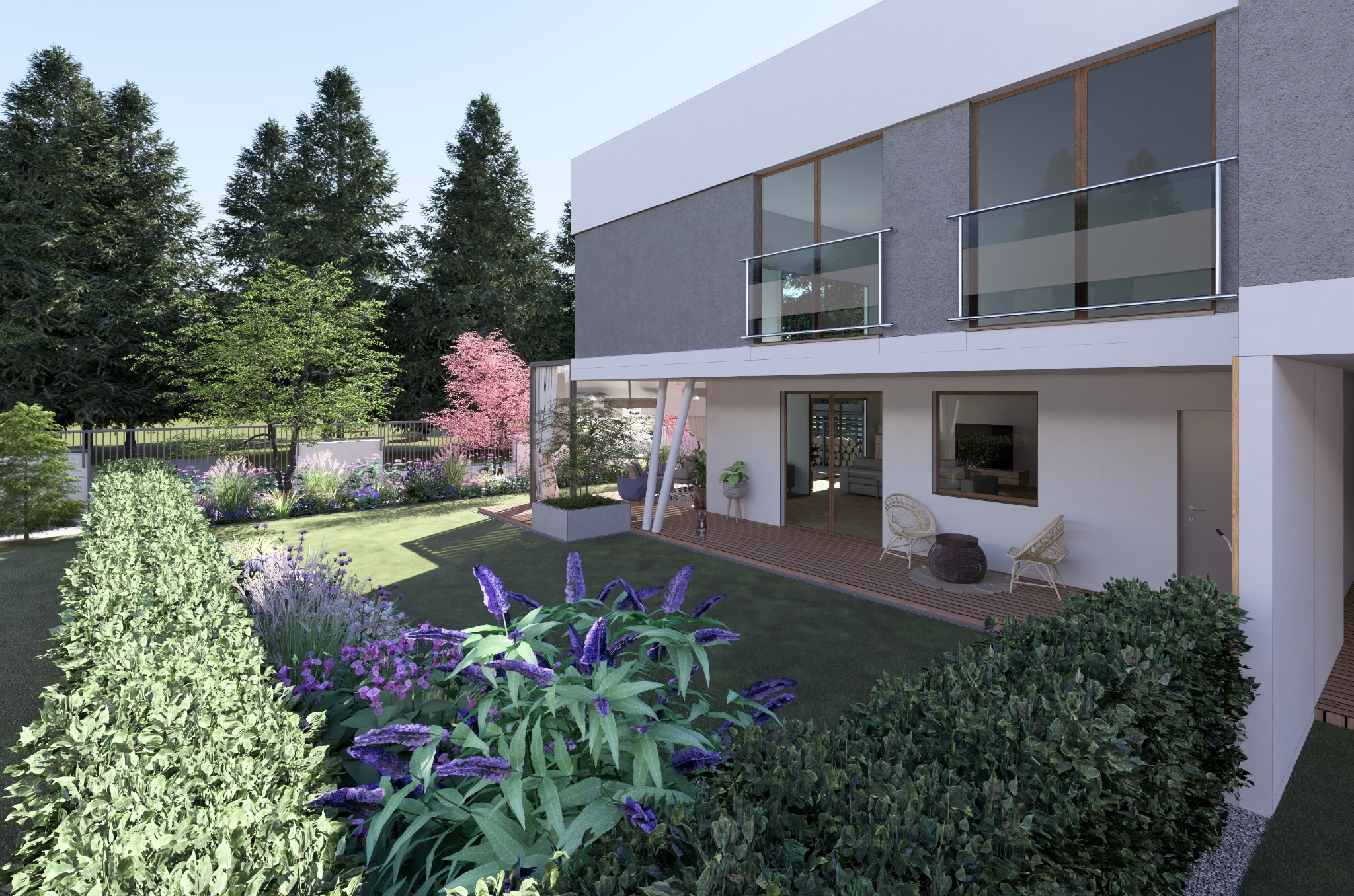 Wizualizacja ogrodu przydomowego z nowoczesnym budynkiem, rabaty kwiatowe z fioletowymi kwiatami na pierwszym planie, trawnik, drzewa w tle, przeszklony taras z meblami ogrodowymi.