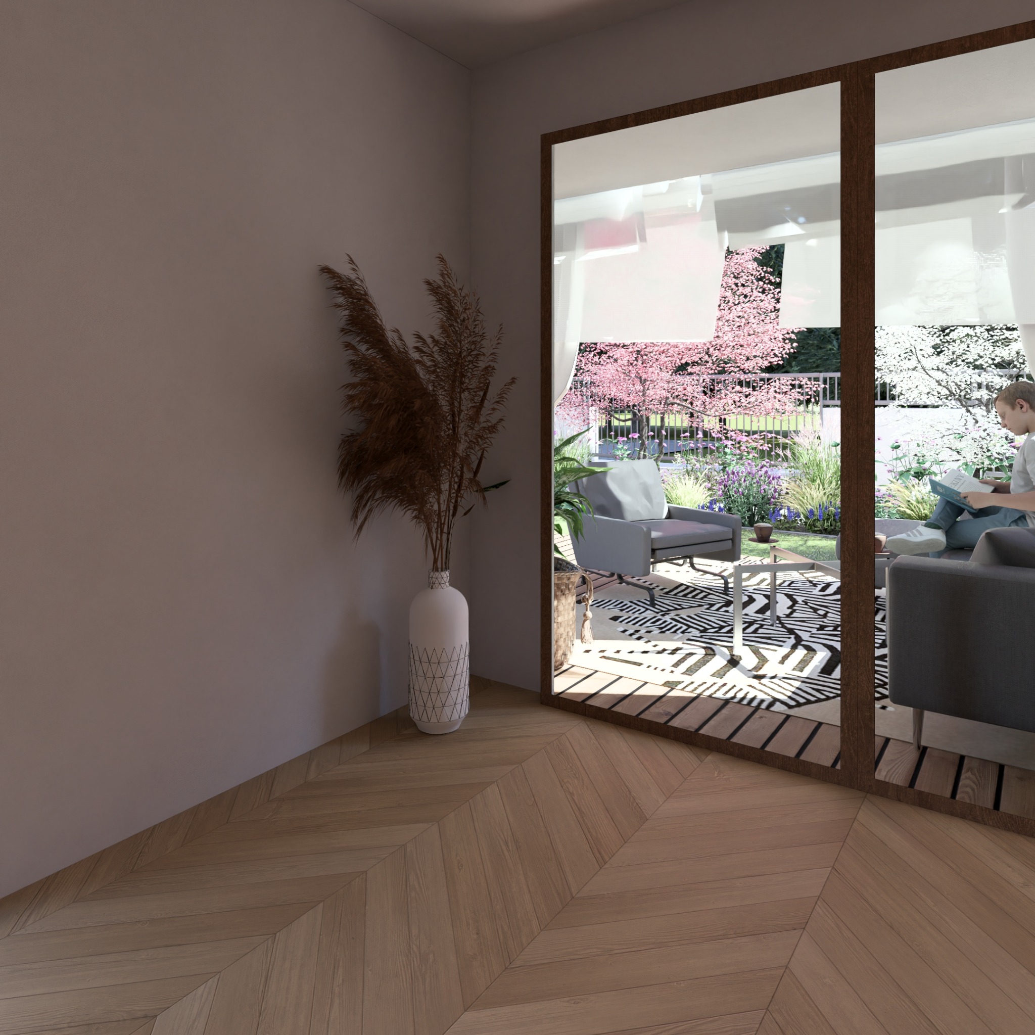 Aranżacja balkonu z widokiem na kwitnący ogród, meble wypoczynkowe, wzorzysty dywan i osoba czytająca książkę.