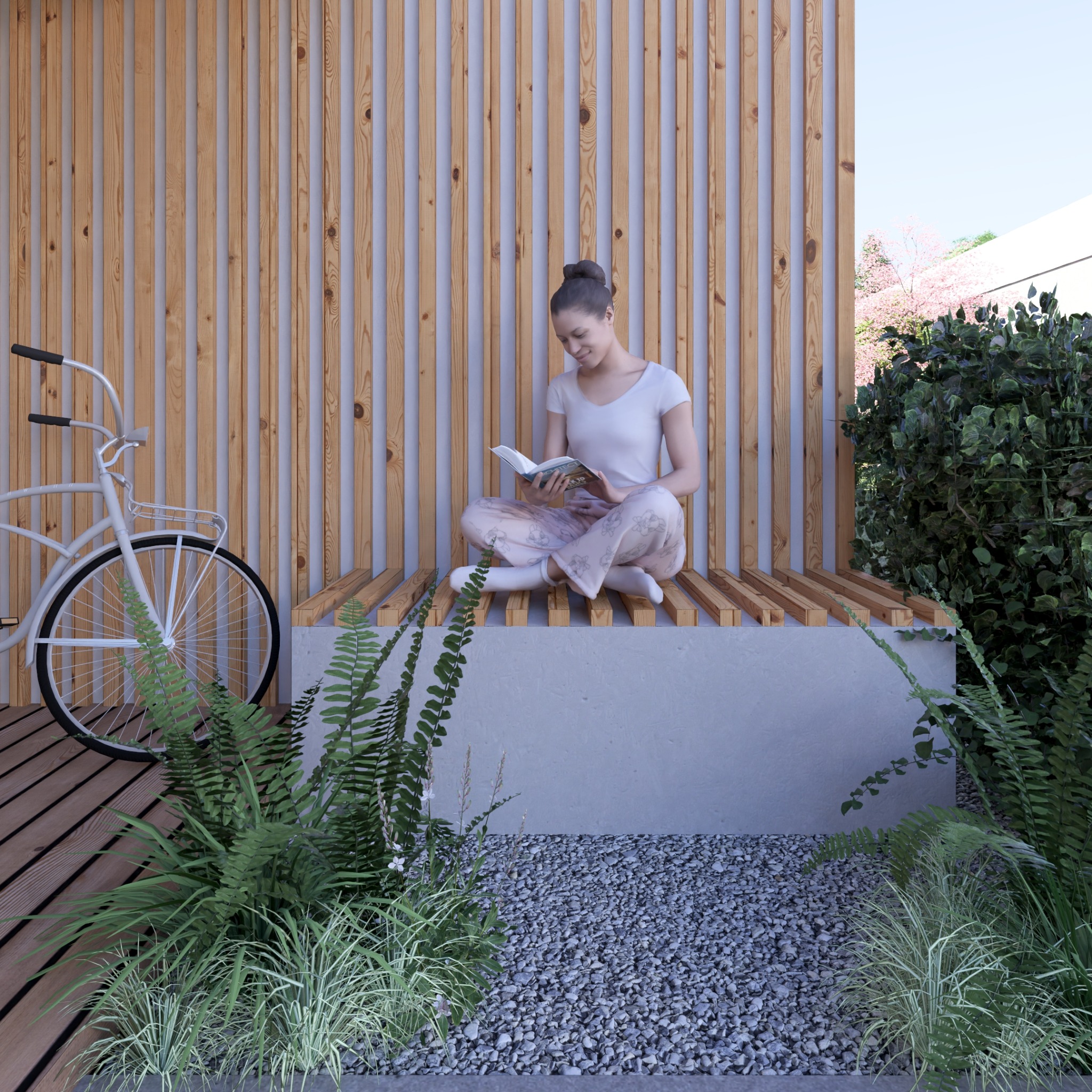 Kobieta siedzi na drewnianej ławce w ogrodzie i czyta książkę; w tle pionowe drewniane panele, rower i roślinność.
