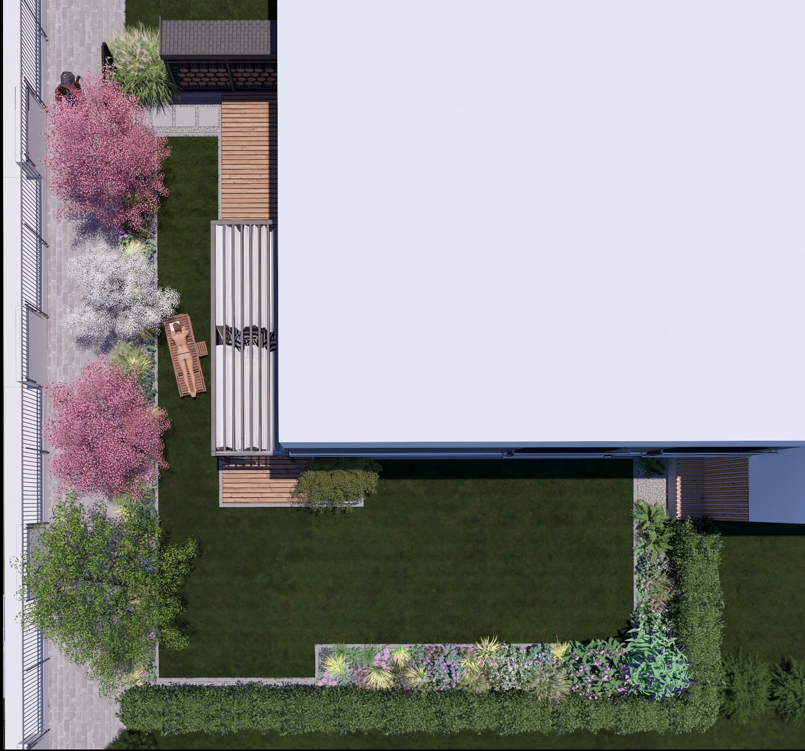 Wizualizacja z lotu ptaka ogrodu z tarasem, pergolą, kwitnącymi drzewami i równo przystrzyżonym trawnikiem.