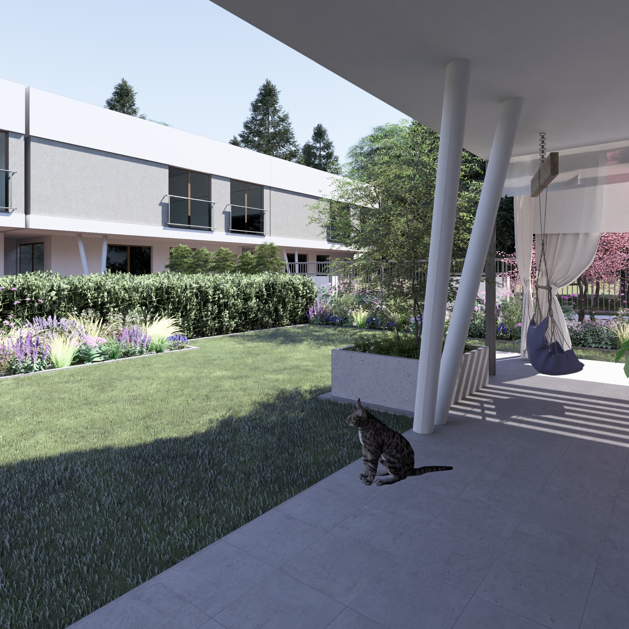 Nowoczesny ogród z równo przystrzyżonym trawnikiem, kwitnącymi rabatami i pergolą z huśtawką, obserwowany przez siedzącego kota.