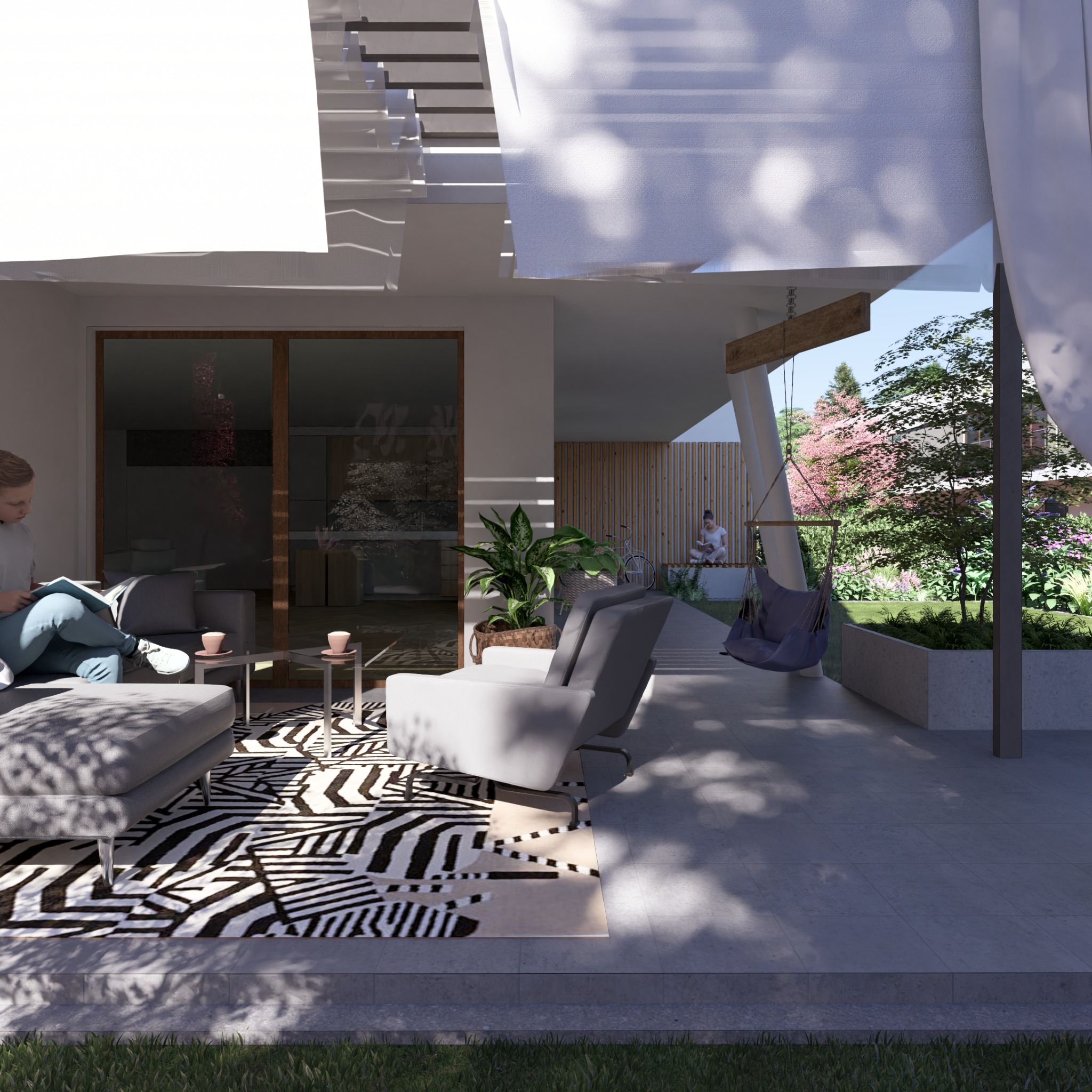 Nowoczesny taras z wiszącym fotelem, meblami wypoczynkowymi i dywanem w zebrę, oświetlony światłem słonecznym prześwitującym przez ażurowy dach.