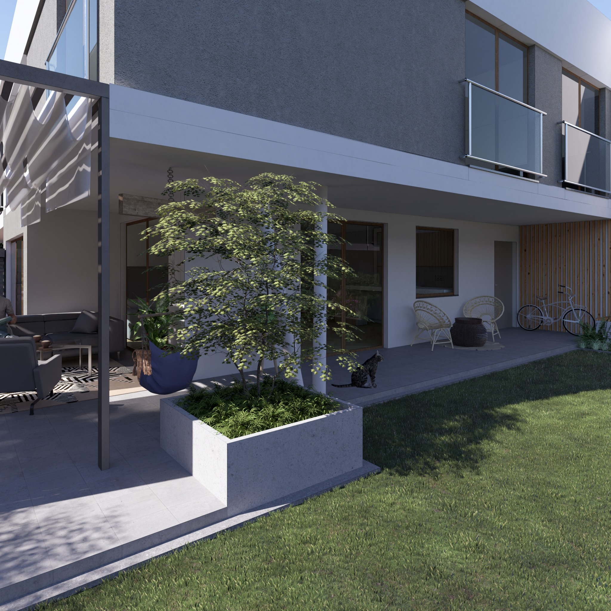 Wizualizacja nowoczesnego domu z tarasem i ogrodem, na którym znajduje się betonowa donica z drzewem liściastym, wiszący fotel, rattanowe meble wypoczynkowe oraz rower oparty o ścianę. Na tarasie...