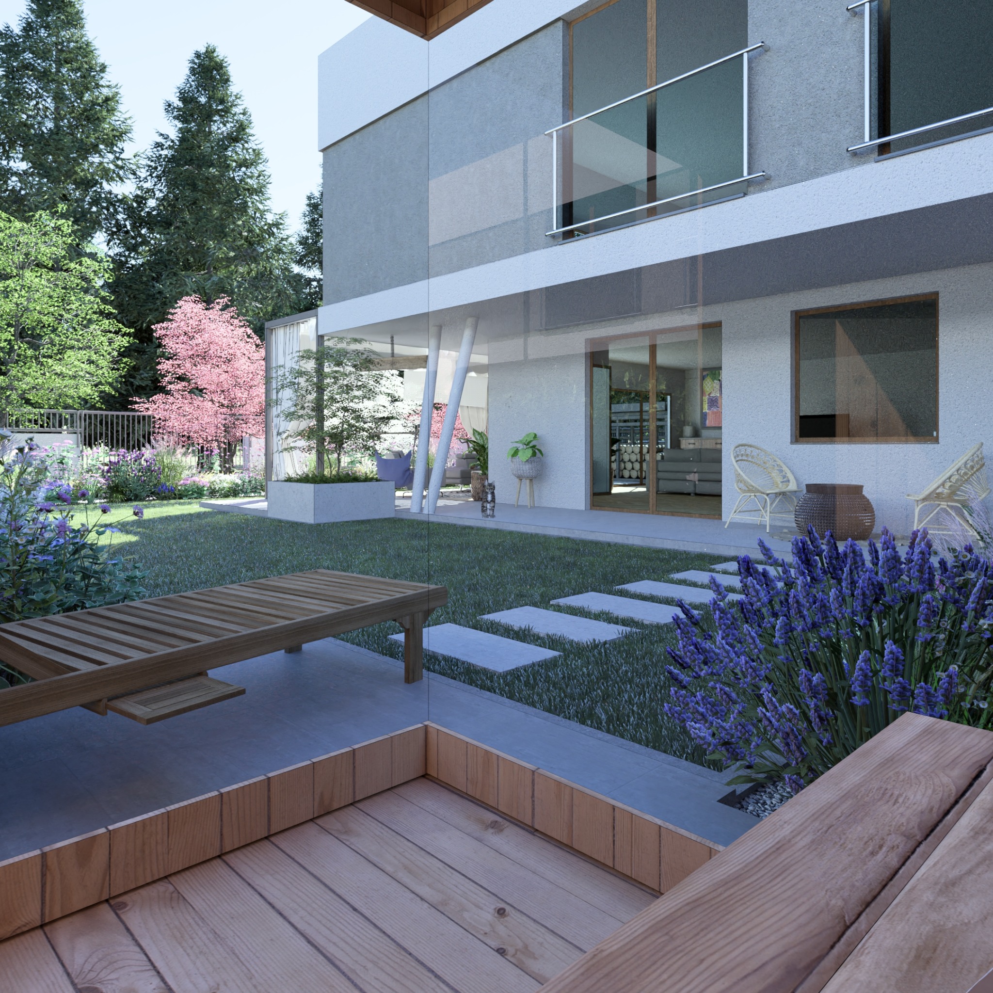 Nowoczesny ogród z drewnianym tarasem, leżakiem, kwitnącą lawendą i ścieżką z płyt prowadzącą do domu z przeszkloną werandą.