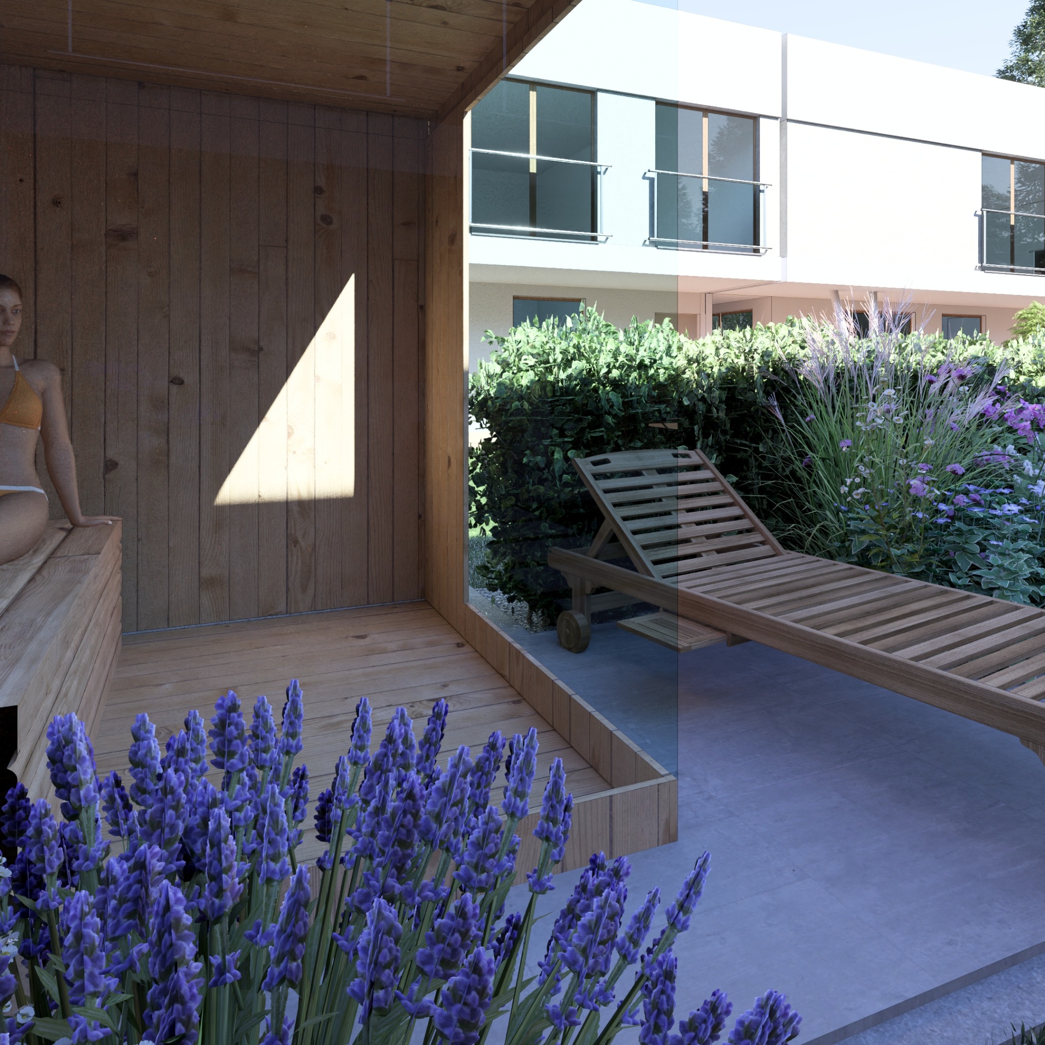 Wizualizacja sauny zewnętrznej z drewnianym leżakiem, otoczonej zielenią i kwitnącą lawendą, na tle nowoczesnego budynku.