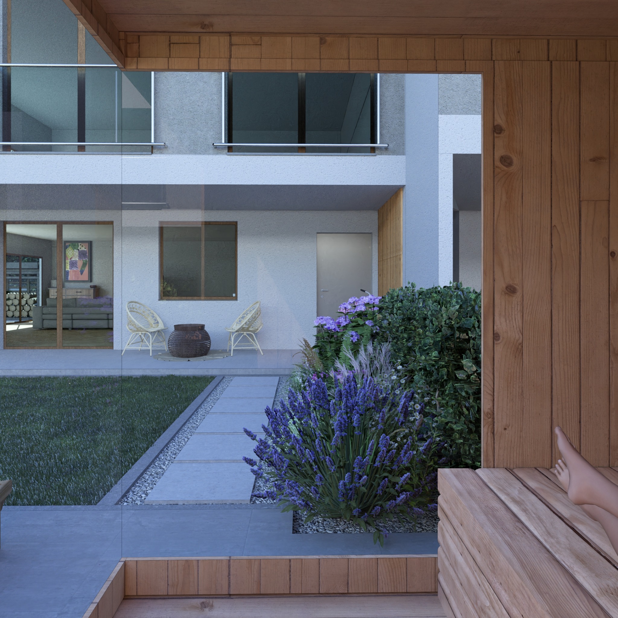 Widok z drewnianej sauny w Radomierzycach na nowoczesny ogród z kwitnącą lawendą, trawnikiem i ścieżką z płyt betonowych prowadzącą do domu.