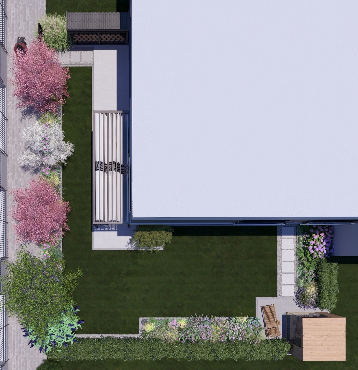 Widok z góry na wizualizację ogrodu przydomowego z elementami małej architektury, kwitnącymi drzewami, pergolą i trawnikiem.